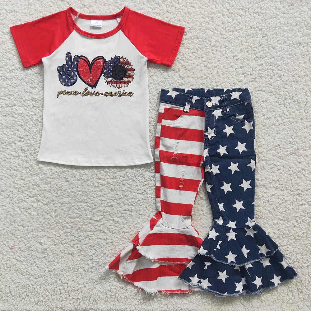 4th of July Love, Peace, America Bell Bottom Pants Set