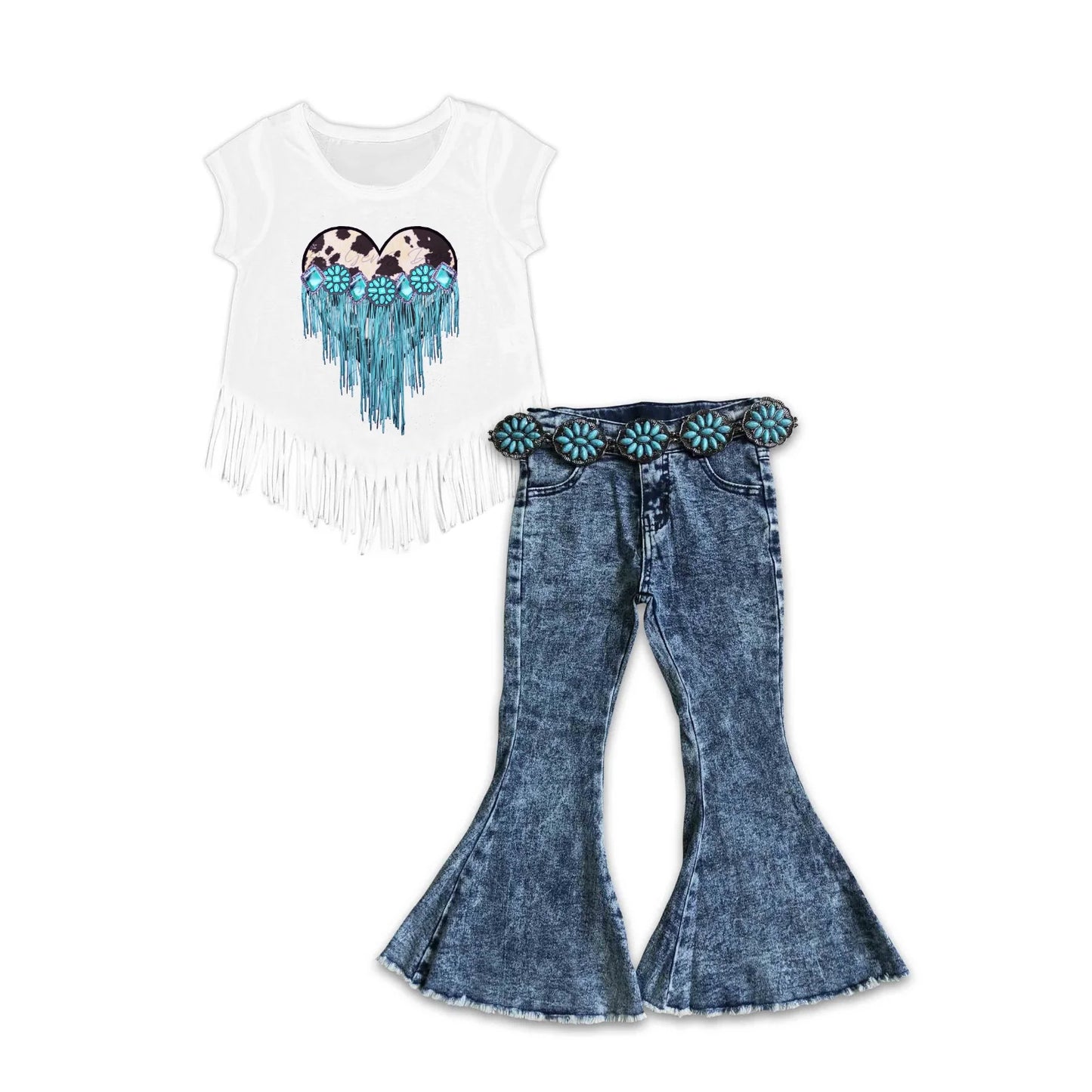 Turquoise Cowhide Heart Bell Bottom Pants Set