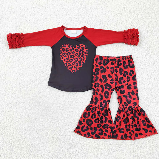 Valentine's Red and Black Cheetah Heart Bell Bottom Pants Set