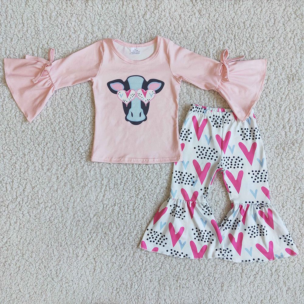 Valentine's Cow Love Bell Bottom Pants Set