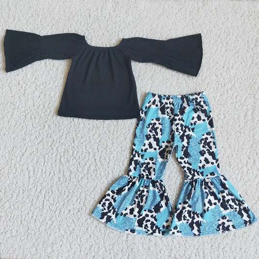 Black & Blue Cow Bell Bottom Pants Set