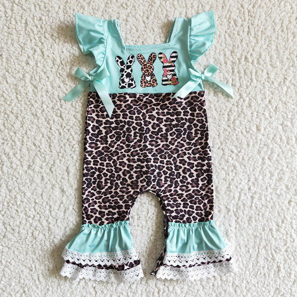 Easter Cheetah Print Bunny Bell Bottom Pants Romper