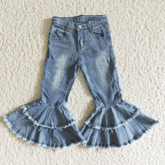 Double Ruffle Denim Distressed Bell Bottom Pants