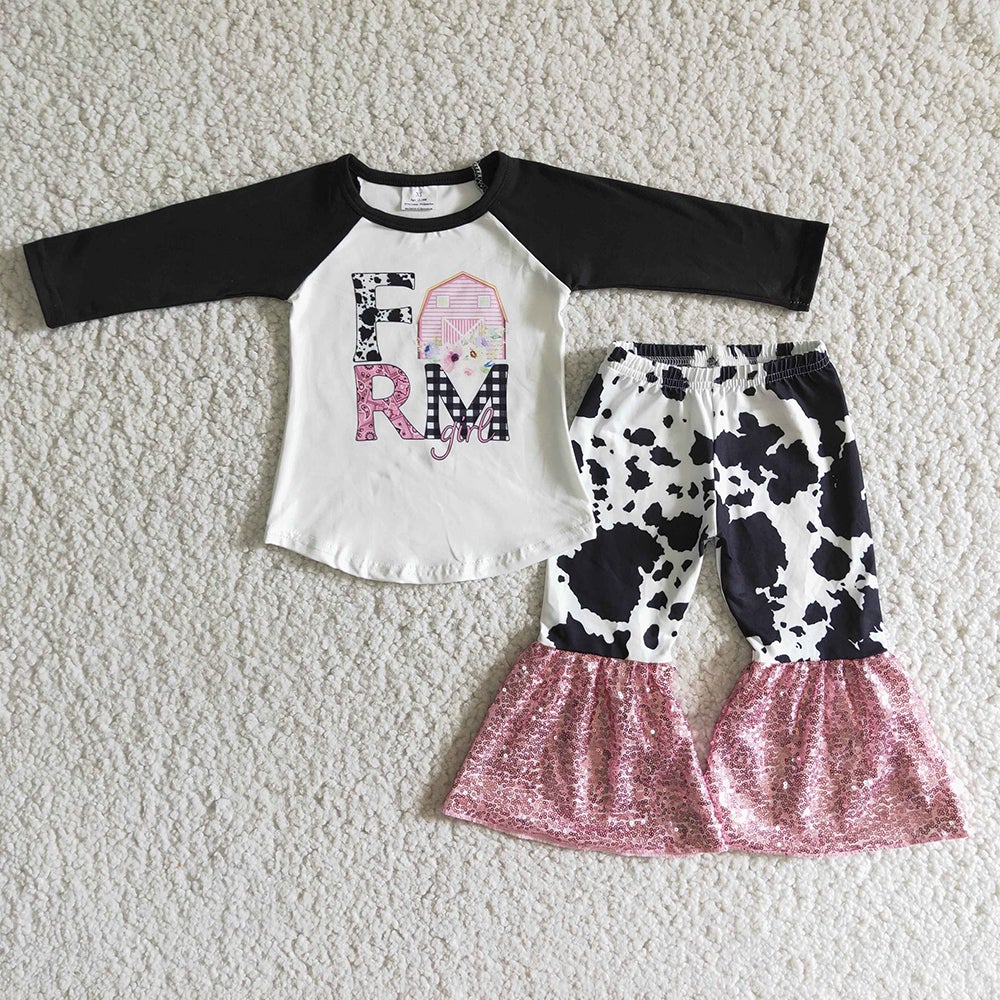 Farm Girl Pink Sequin Bell Bottom Pants Set