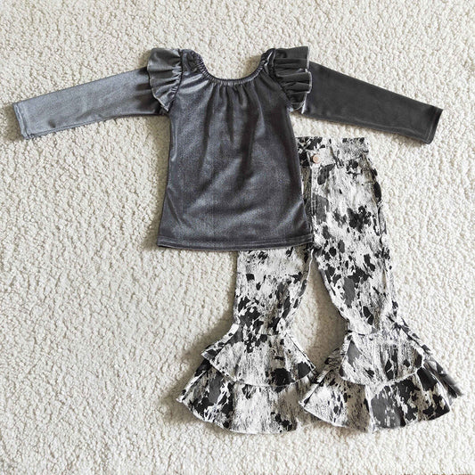 Grey Velvet Crush Bell Bottom Pants Set