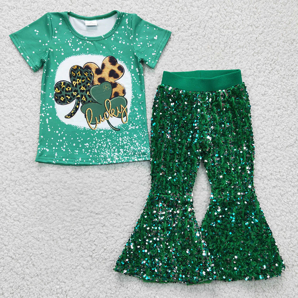 St Patty's Day Lucky Bell Bottom Sequin Pants Set