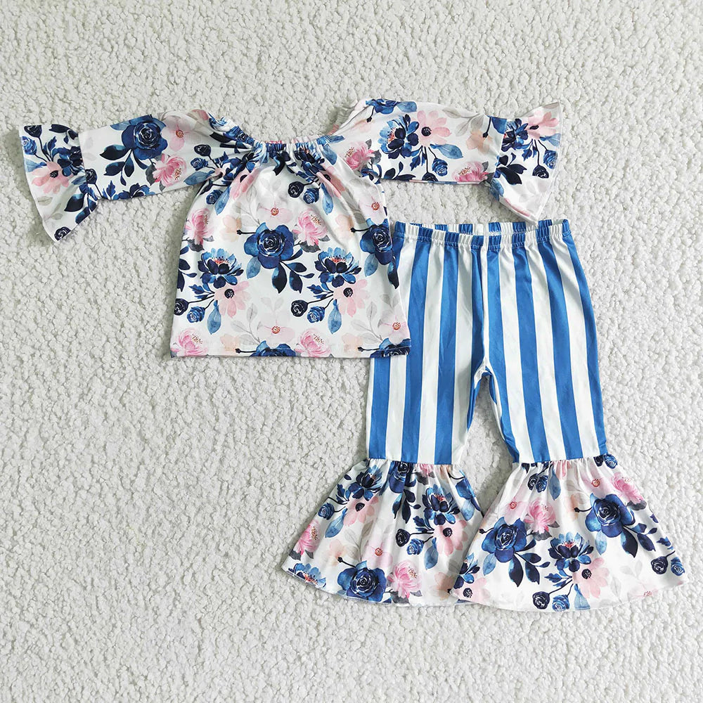 Navy Floral Striped Bell Bottom Pants Set